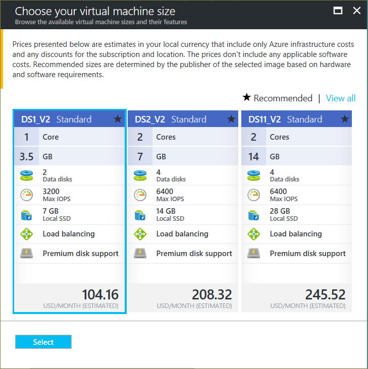 Screenshot of the Size blade that shows the Azure VM sizes that you can select