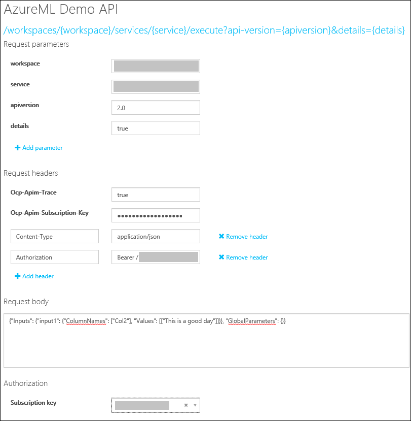 スクリーンショットは、AzureML Demo API の要求パラメーター、要求ヘッダー、要求本文、および承認を示しています。