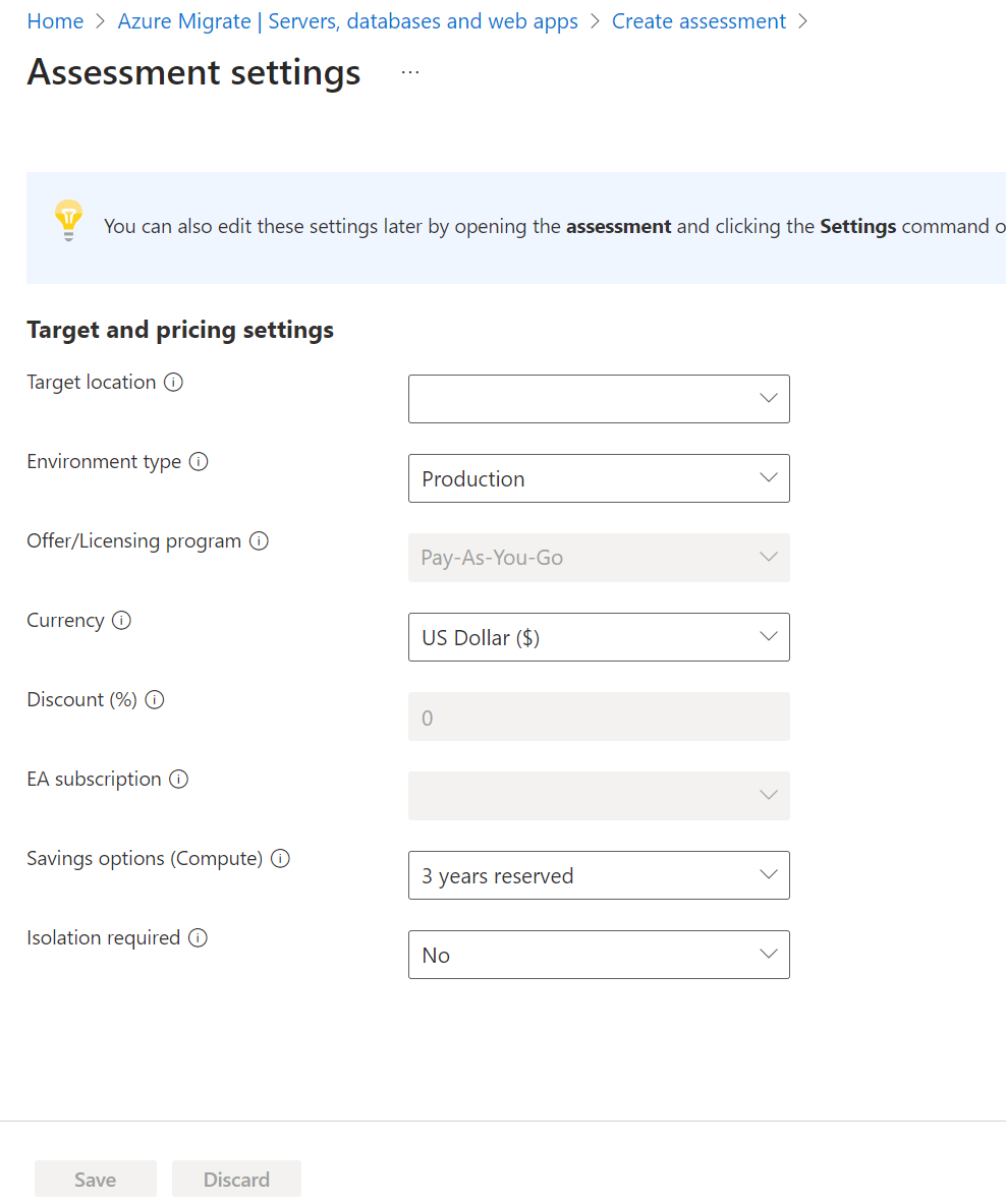 Azure Migrate の評価設定のスクリーンショット。