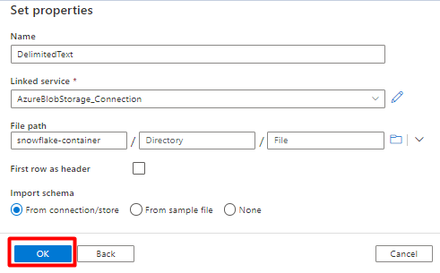 Azure Data Factory で Snowflake のストレージ データセットのプロパティを構成する方法を示すスクリーンショット。