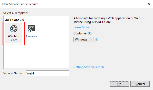 Visual Studio: 新しい Service Fabric mesh プロジェクト ダイアログ