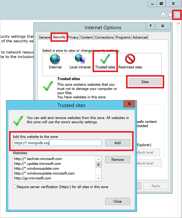 Internet Explorer のセキュリティ設定の構成