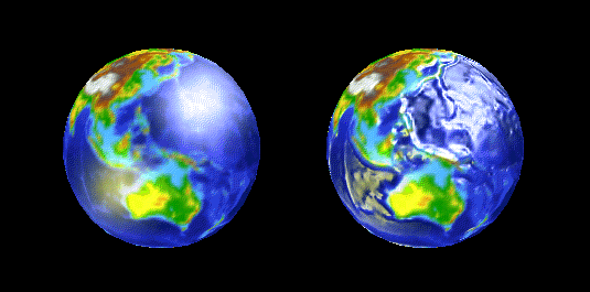 左側のなめらかな球は地球をシミュレートしたもので、右側の球ではバンプマップ テクスチャを追加している