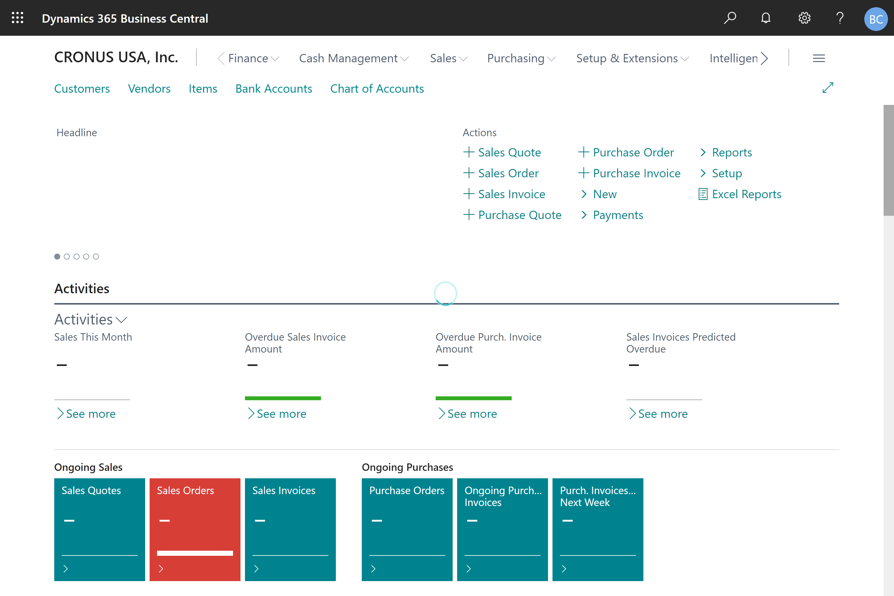 A role center with signature spinner and other visual cues indicating data is still loading A role center with signature spinner and other visual cues indicating data is still loading