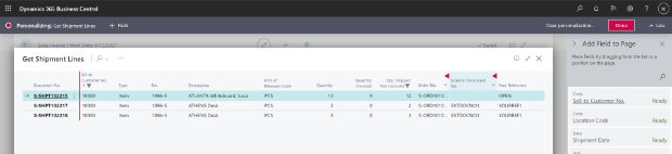 新しい列を含む出荷明細行の取得ページを表示しています。
