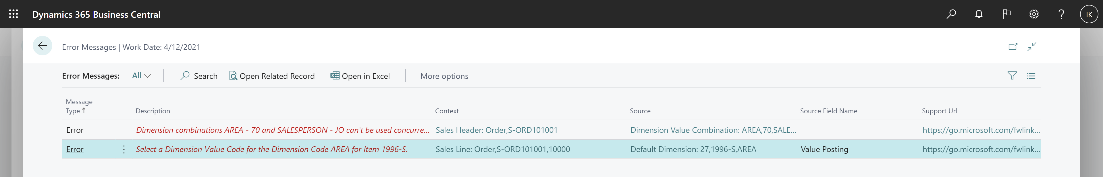 分析コードのエラー例を含むエラー メッセージ ページを示します。