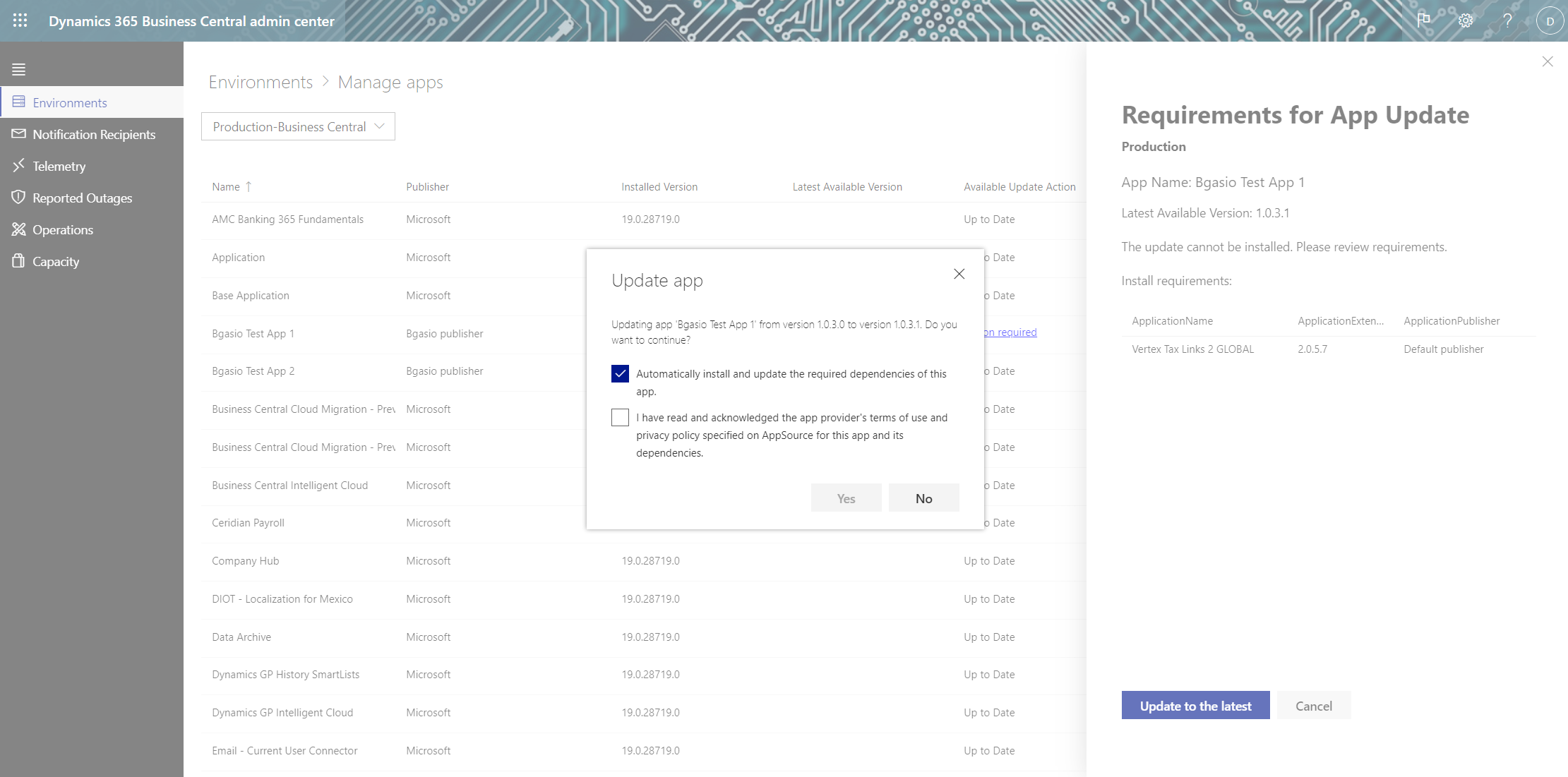 Business Central 管理センターから依存関係アプリを自動的にインストールし、更新できます。