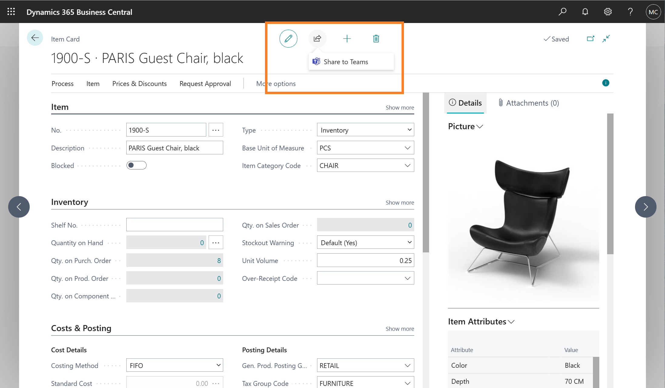 カードに表示される共有メニュー。