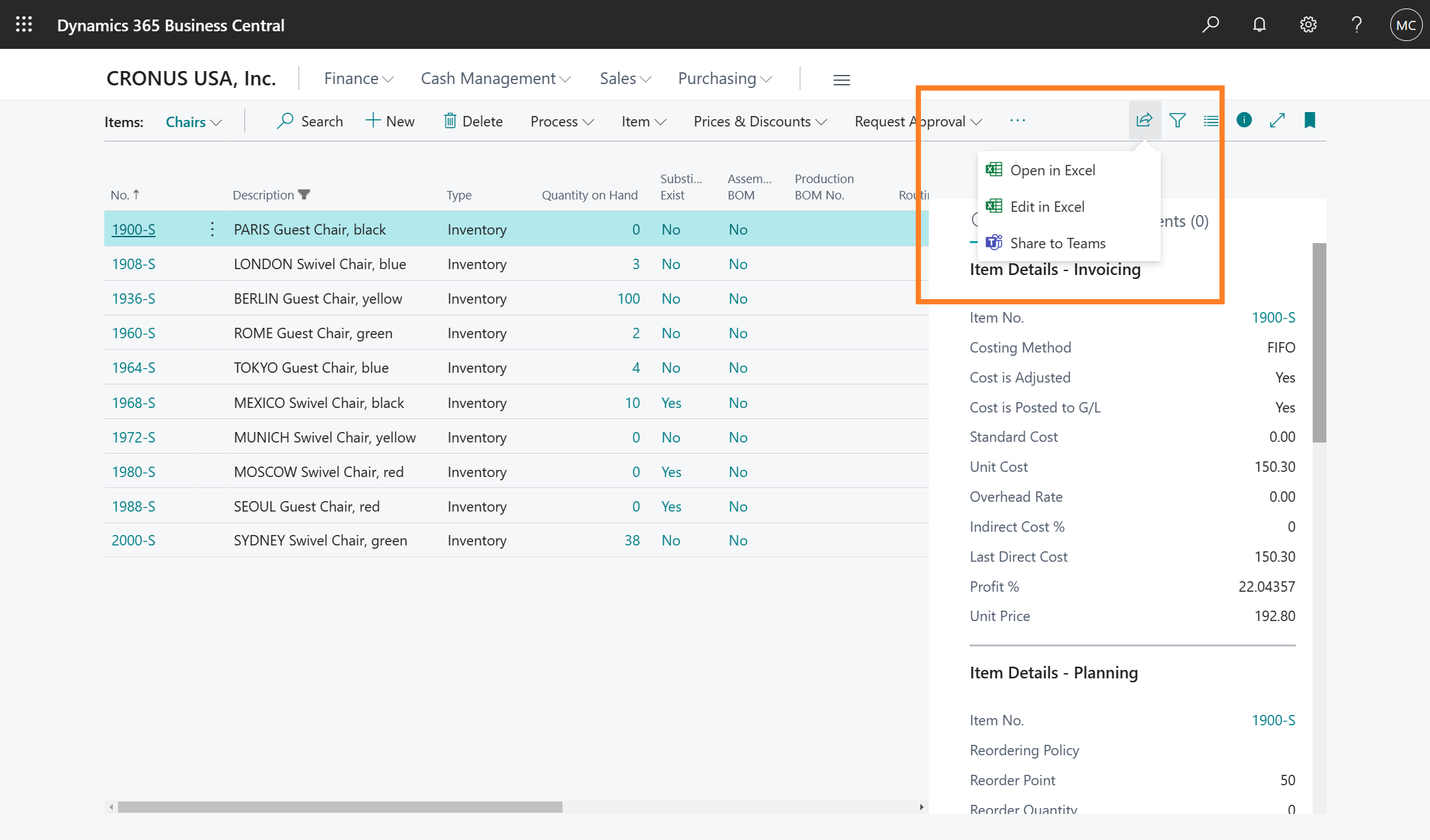 Teams に共有するアクションが表示されているリスト ページの [共有] メニュー。
