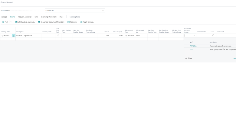 一般仕訳帳での自動勘定科目コードの使用