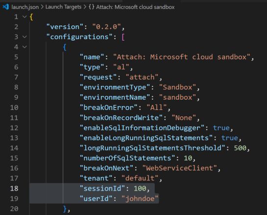 launch.json を使用して、特定のセッション ID または特定のユーザー ID の次のセッションにアタッチする