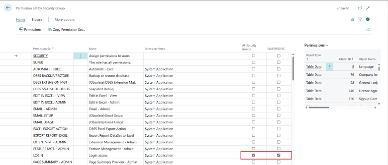 新しい [セキュリティ グループ別のアクセス許可セット] ページ。