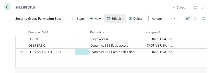 新しい [セキュリティ グループのアクセス許可セット] ページ