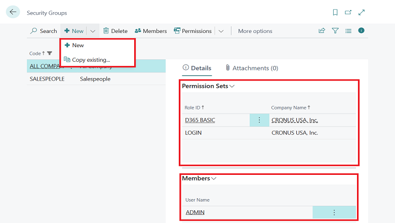 新しいセキュリティ グループの一覧ページ