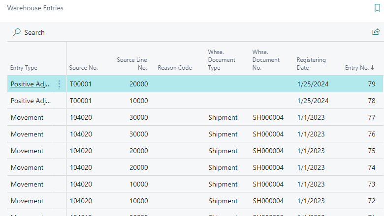 並べ替えられた倉庫エントリのスクリーンショット