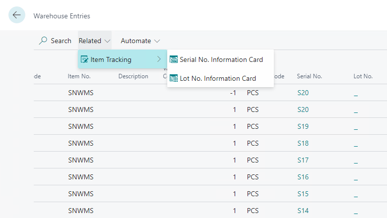 [倉庫エントリ] - [シリアル番号情報カード] のスクリーンショット