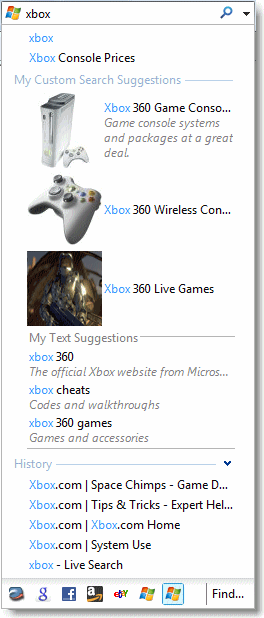 Xbox に対するビジュアル表示の検索候補とテキストの検索候補