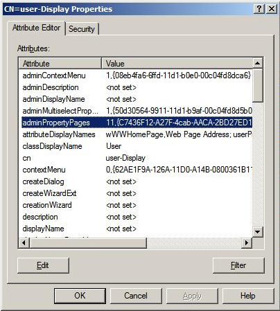 図 7 : 日本語以外の Server 2008 システムの [Active Directory ユーザーとコンピュータ] ページでフリガナを有効にするために修正する必要のある、ADSI エディタの表示プロパティ