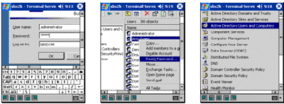 図 7: Pocket PC 2002 ベースのデバイスからターミナル サーバー上のフル デスクトップ画面にアクセス