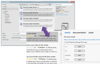 Sample Browser と Visual Studio のどちらでダウンロードしても、双方の環境で同じサンプル コードの確認が可能