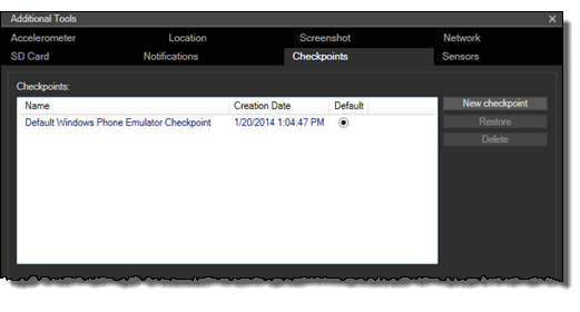 Windows Phone エミュレータの [チェックポイント] タブ