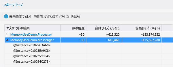 差分レポートにある種類のマネージ ヒープ ツリー