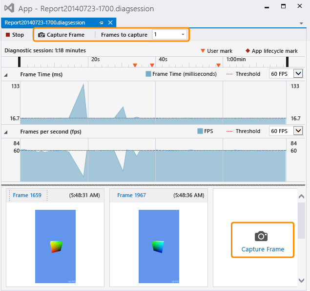 GPU 使用率ツールを使用してフレームをキャプチャする。