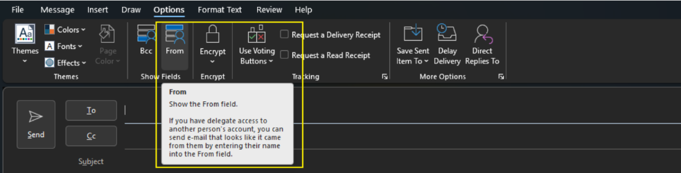 Screenshot of Options tab in classic Outlook.