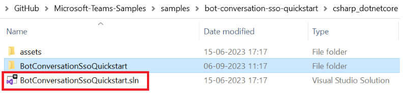 ファイル パスと BotSSOCSharp.csproj ファイルが赤で強調表示されているプロジェクト ファイルのスクリーンショット。