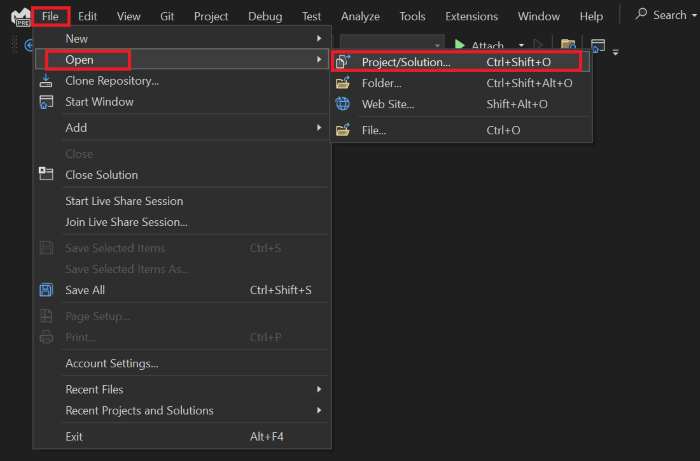 Visual Studio のファイル メニューのスクリーンショット。[ファイル] メニューの [開く] と [開く] の [プロジェクト/ソリューション] というメニュー エントリが赤で強調表示されます。