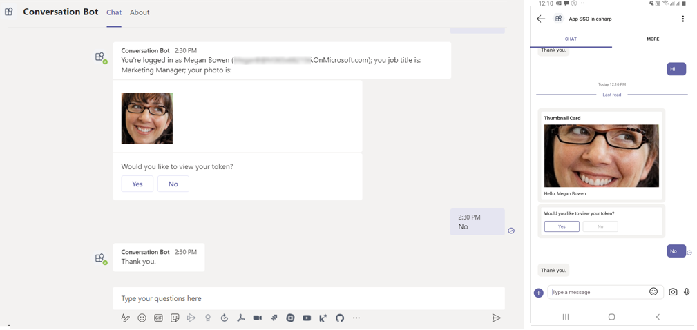  ステップ バイ ステップ ガイドを正常に完了した後の SSO 認証出力を含むボットのスクリーンショット。