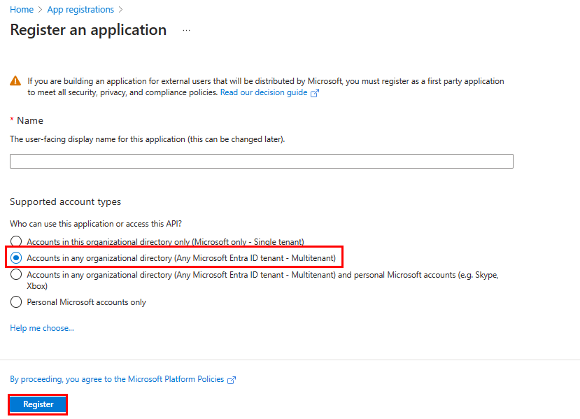 スクリーンショットは、ボットを Microsoft Entra 管理センターに登録するオプションを示しています。