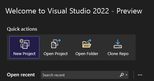 スクリーンショットは、Visual Studio での [新しいプロジェクト] の選択を示しています。