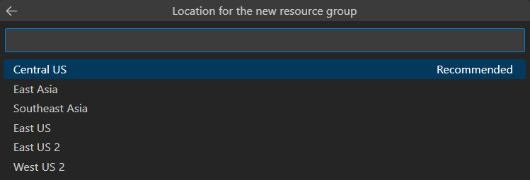 スクリーンショットは、新しい Azure リソース グループの場所のオプションを示しています。