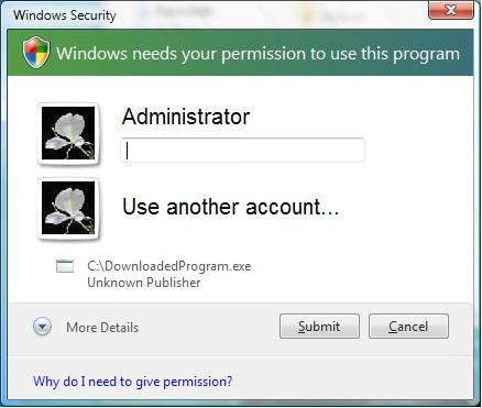 Windows Vista では、アプリケーションで管理者の資格情報が必要な場合、資格情報の入力が自動的に求められます。