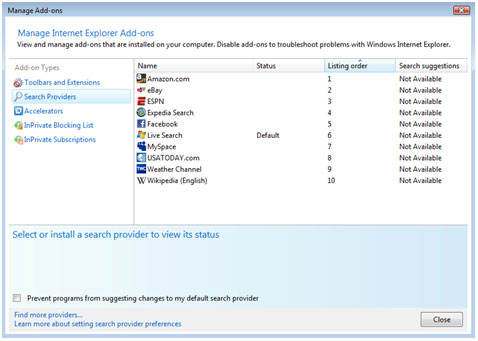 図 5. Internet Explorer 8 のアドオンの管理 ウィンドウのイメージ