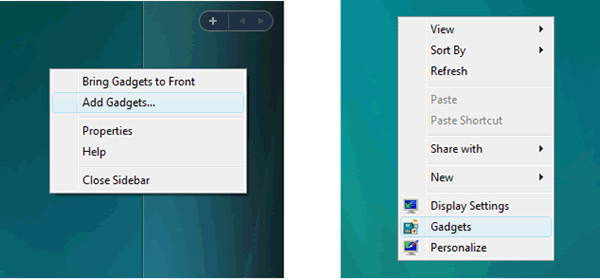 図 1 Windows Vista のサイドバーのコンテキスト メニュー (左) と Windows 7 のデスクトップ コンテキスト メニュー (右) の比較: ガジェットが Windows デスクトップの一部になった