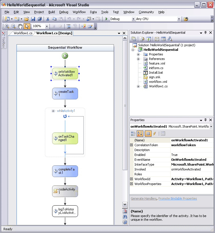 Visual Studio 2005 Designer for Windows Workflow Foundation のインターフェイス
