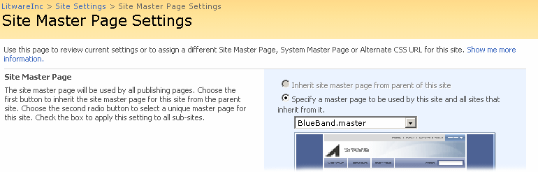 サイトで使用するマスタ ページの指定