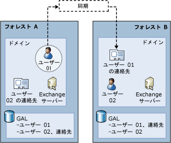 複数のフォレストを含む複雑な Exchange 組織