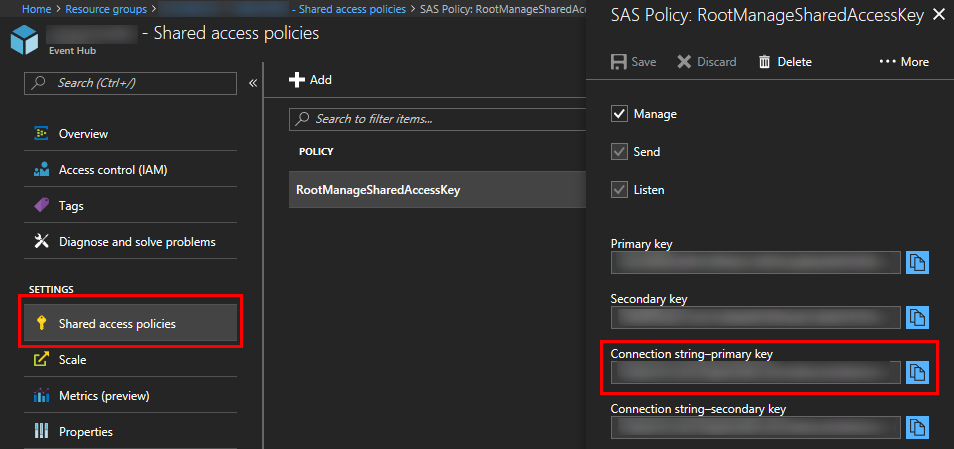 Event Hubs connection string in Azure Portal