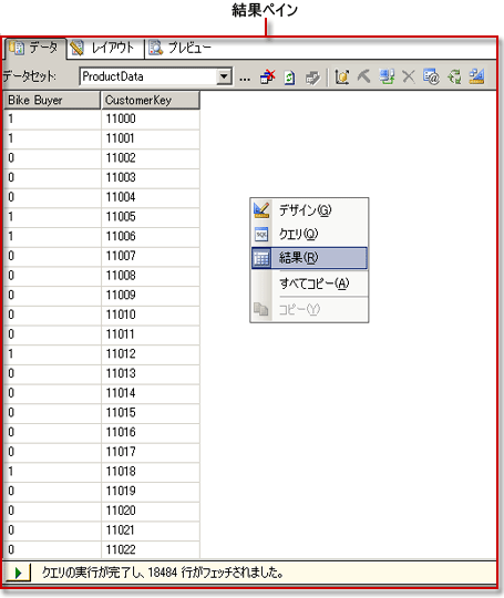 Analysis Services DMX クエリ デザイナ、結果ビュー