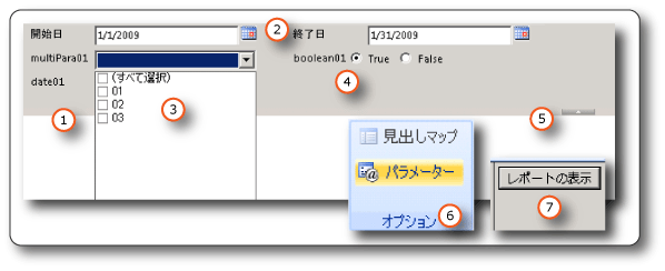 レポート ビューアー ツール バーのパラメーター