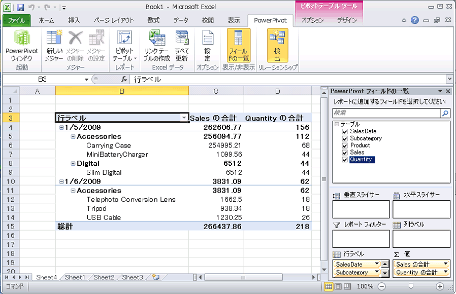 PowerPivot フィールド リストが表示された Excel ウィンドウ