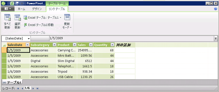 説明付きの PowerPivot ウィンドウの [リンク テーブル] タブ