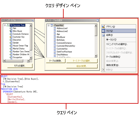 Analysis Services DMX クエリ デザイナ、クエリ ビュー