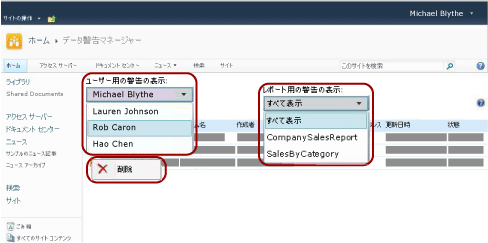 SharePoint サイト管理者用の警告マネージャー