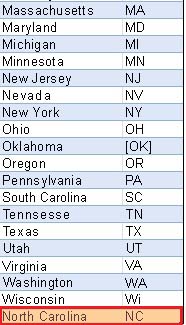 Excel - 州にノース カロライナを追加