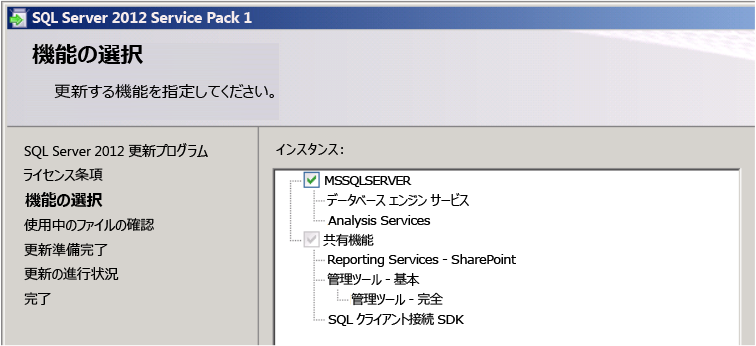 SQL Server 2012 SP1 の更新のユーザー インターフェイス