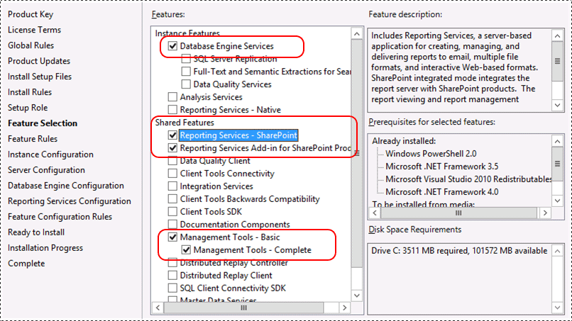 SSRS フィーチャーの選択 (SharePoint モードの